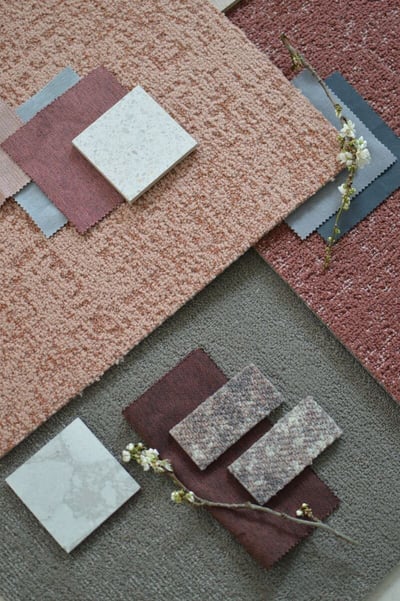 Milliken's Tracing Landscapes Moodboard Pink and grey carpet tile collection