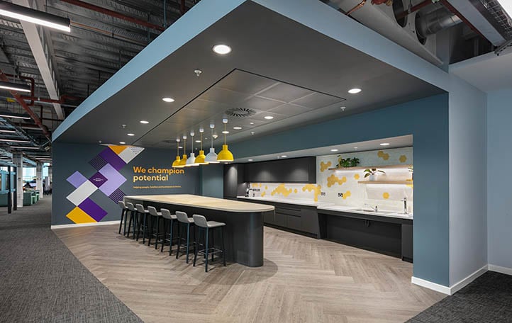 NatWest's Kitchen space with Milliken's LVT (First Call/Open Shut/Scion) and carpet (Nordic Stories/Tectonic/Dark Dansk)