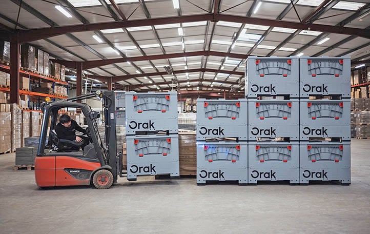 Orak's transfer crates in a warehouse