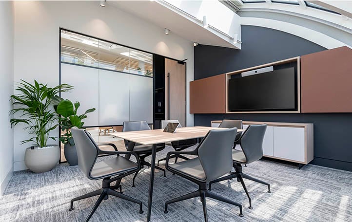 EFG's video conferencing room with Milliken's Major Frequency/ Distortion carpet