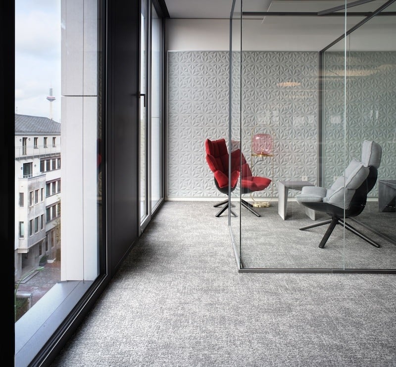 Office with glass walls and acoustic carpet